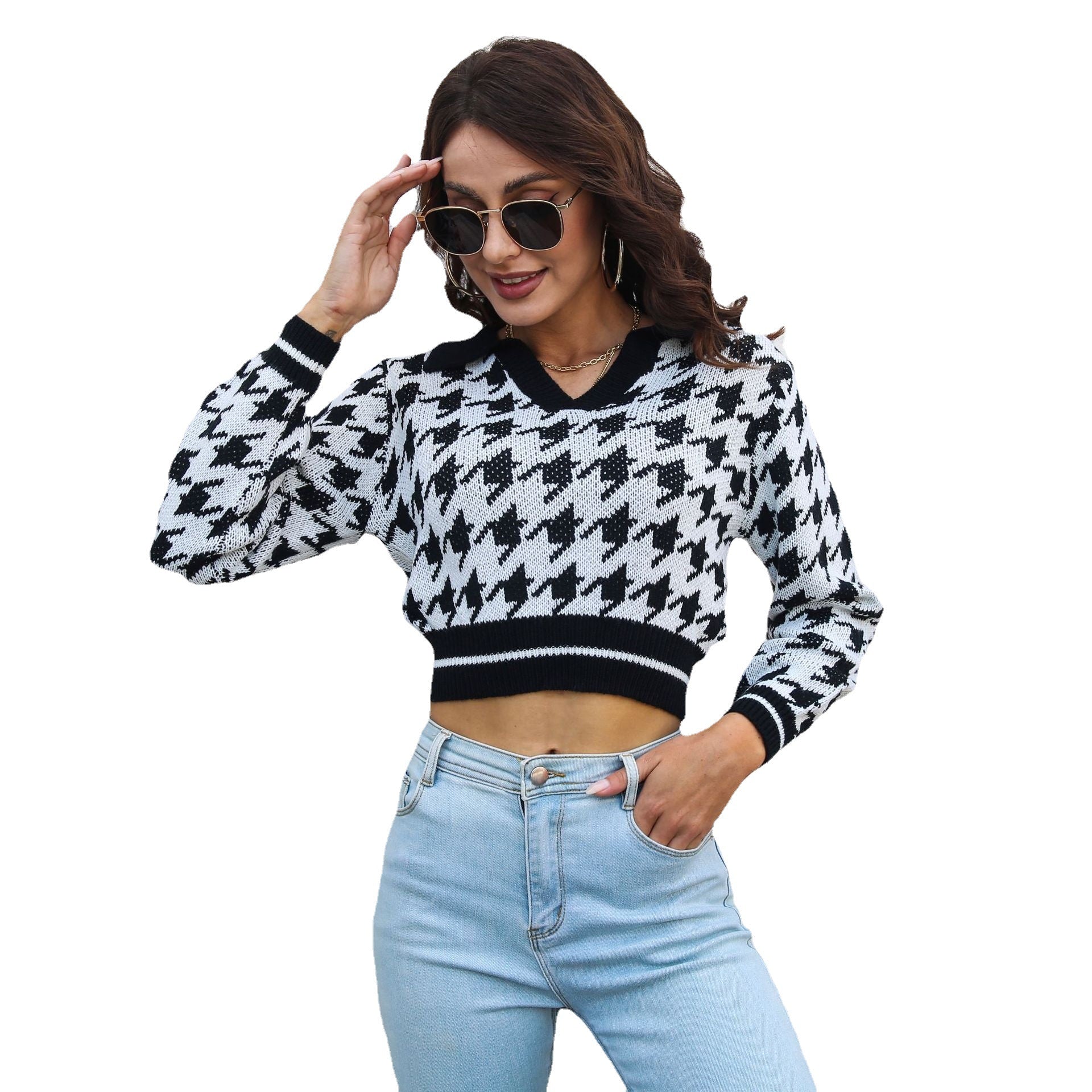 Holy Houndstooth Jacquard Lapel Cropped Sweater