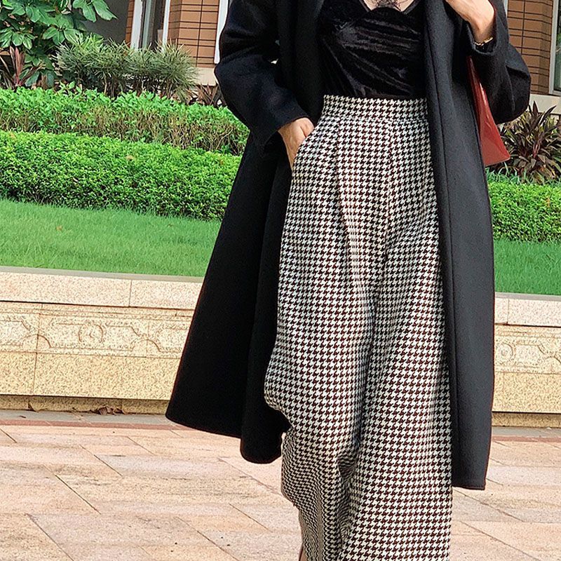 High Waist Houndstooth Loose Pants