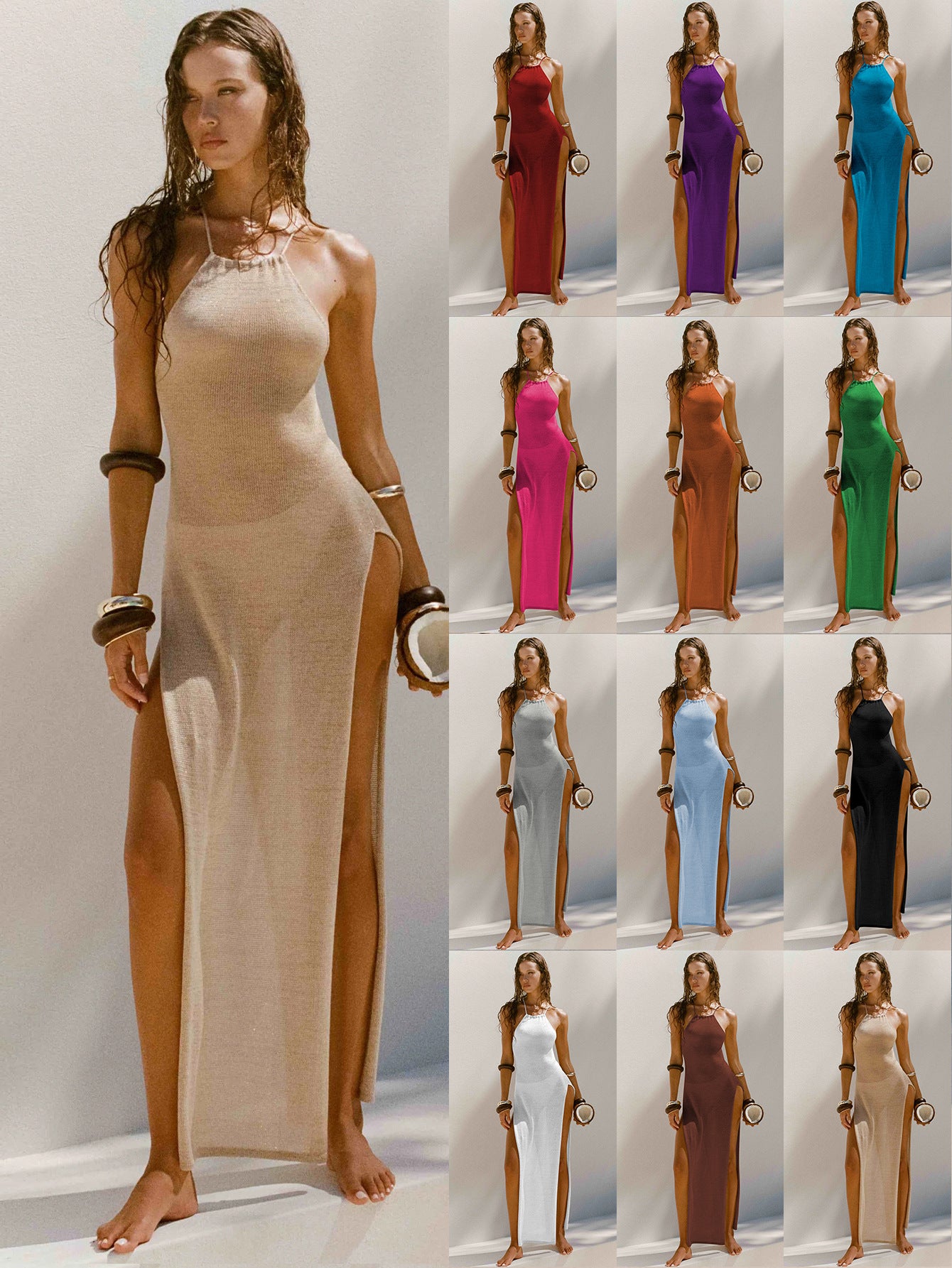 The Halle Halterneck Double Side Slit Maxi Dress