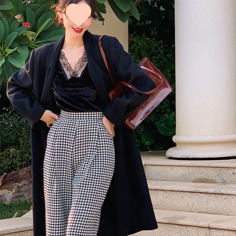 High Waist Houndstooth Loose Pants