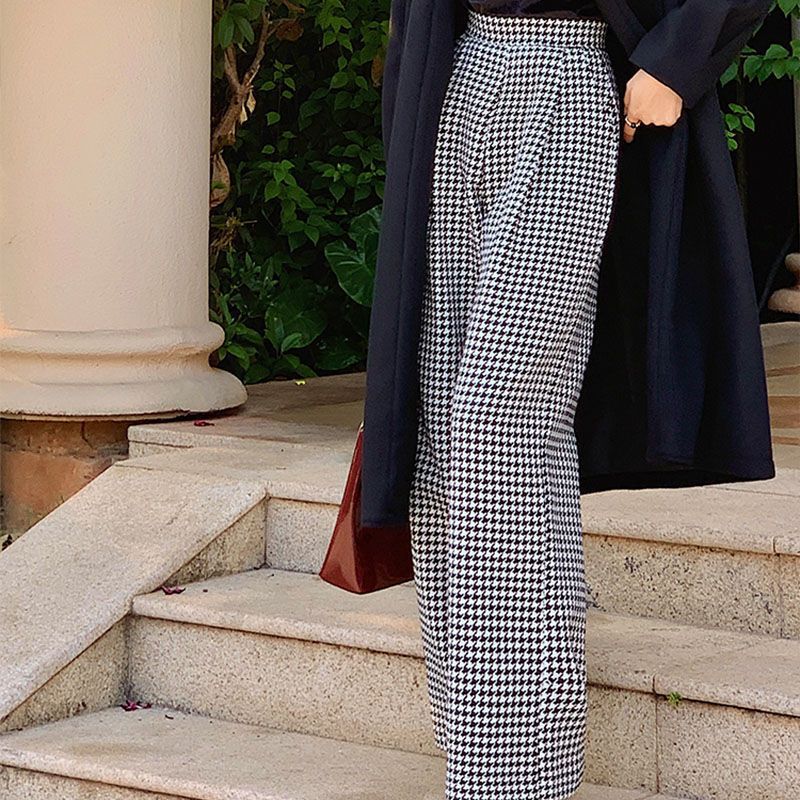 High Waist Houndstooth Loose Pants