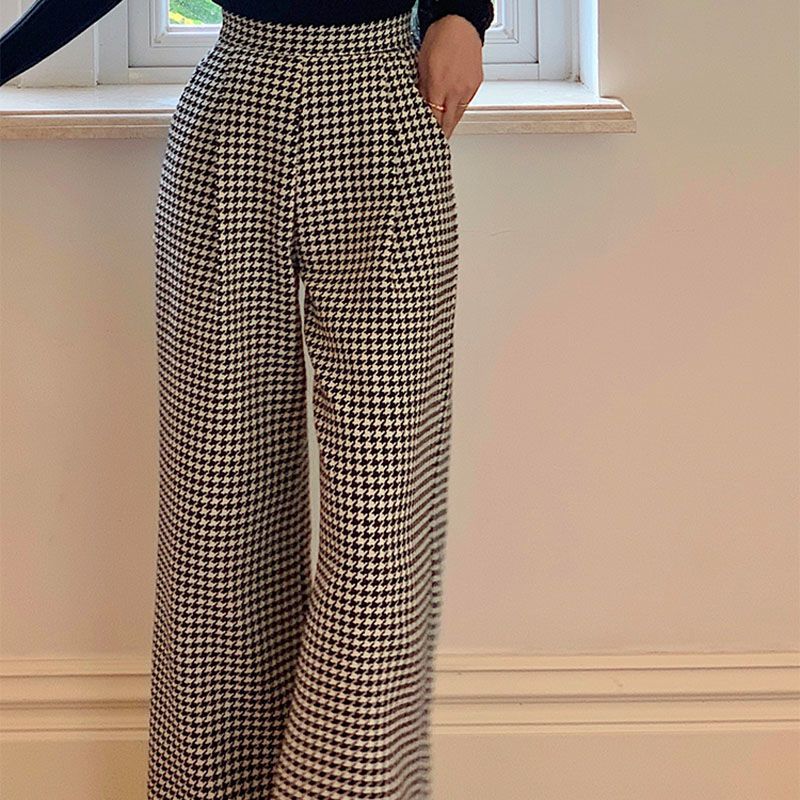 High Waist Houndstooth Loose Pants