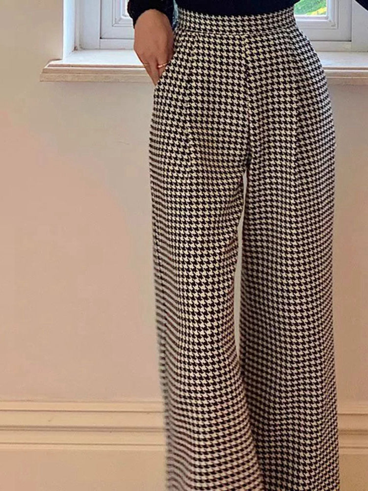 High Waist Houndstooth Loose Pants