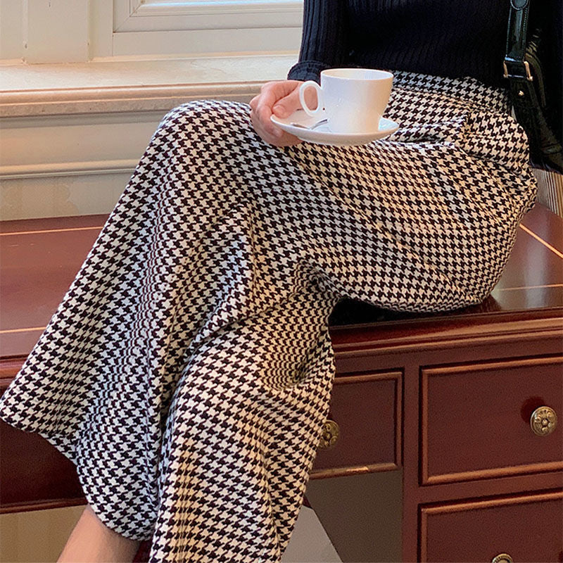 High Waist Houndstooth Loose Pants